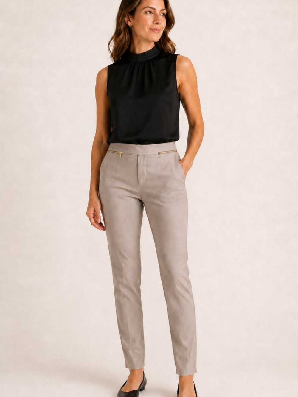 H&M Ankle Trousers 2 Taupe Greige Gold Zip Pockets Slim Work Pants Stretch
